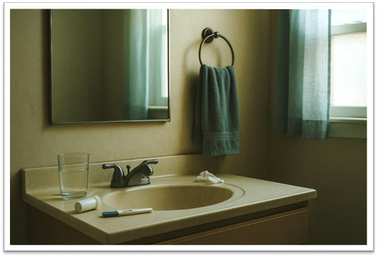 Empty home bathroom sink with a glass of water, pill bottle, pregnancy test, and used tissue.