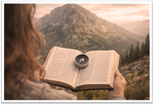 Woman holding an open Bible with a compass pointing north, overlooking a mountain landscape