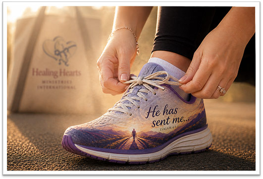 Woman tying her running shoe with the words 'He has sent me' (Isaiah 61:1), symbolizing being sent to share the gospel