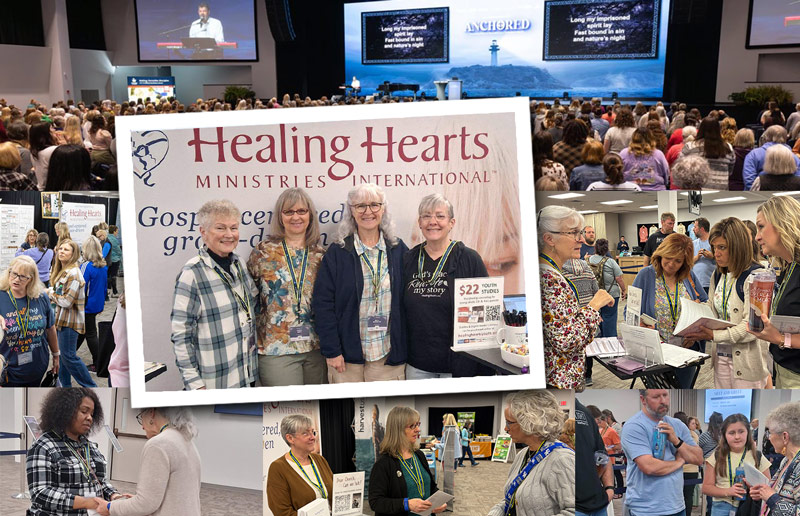 Healing Hearts team engaging attendees at the Answers for Women conference, including Susan Owen, Terena Green, Irene Pizzimenti, and Teresa Rinker at the ministry booth