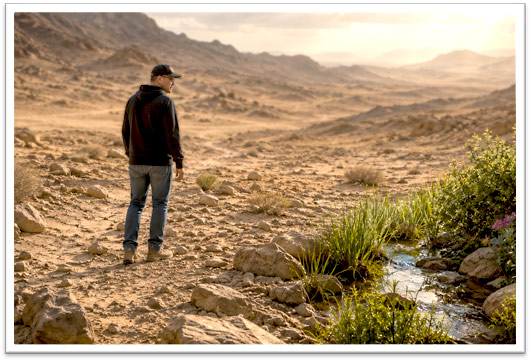 A lone man in a desert wilderness turns toward a small stream and greenery, symbolizing hope and healing.
