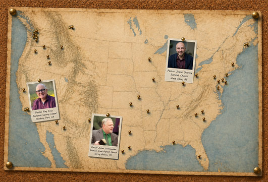 A map of the United States with photos of Pastor Jasper Swaney, Pastor Ray Cruz, and Pastor James Leinneweber pinned near their churches