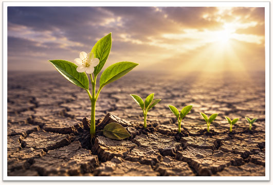 A single green seedling blooming and sprouting up through cracked, dry desert ground toward the sunlight